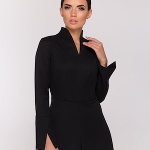 Cocktail long sleeve black women's dress, Fit and flare high neck work dress Stand collar black dresses for women Structured dress TAVROVSKA image 6