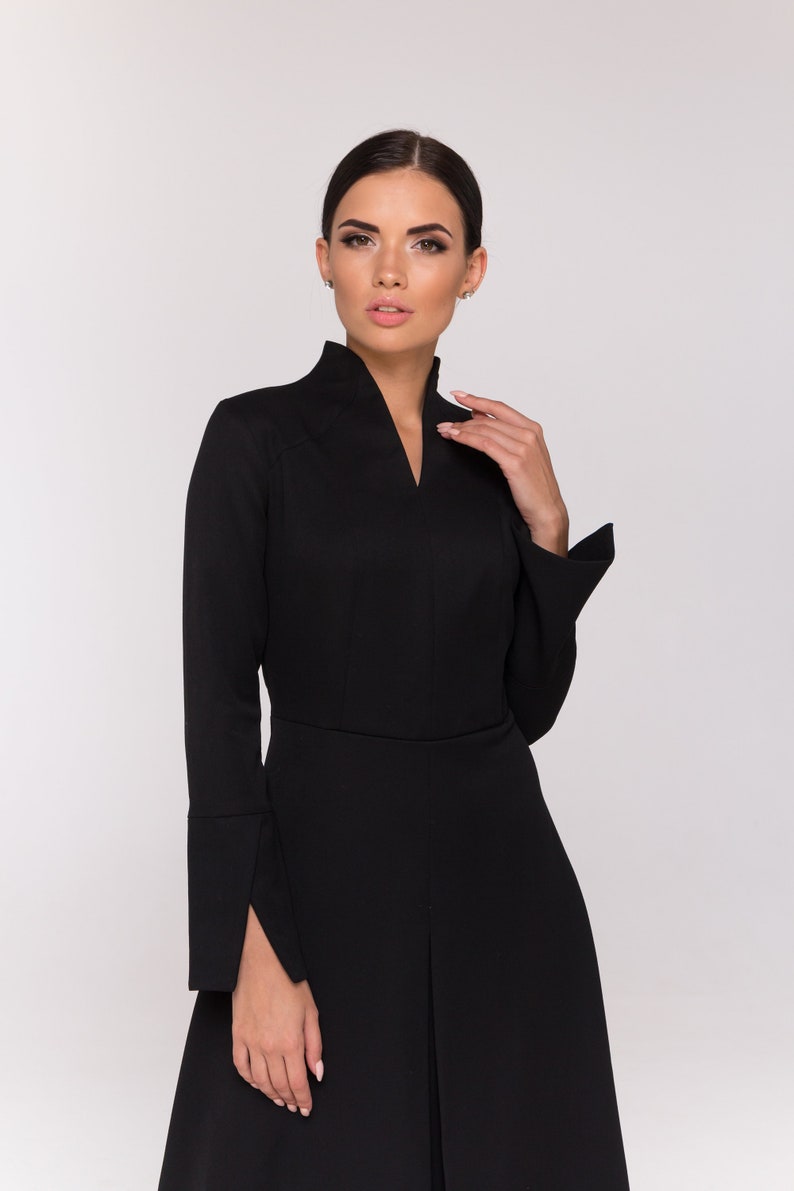 Cocktail long sleeve black women's dress, Fit and flare high neck work dress Stand collar black dresses for women Structured dress TAVROVSKA image 6