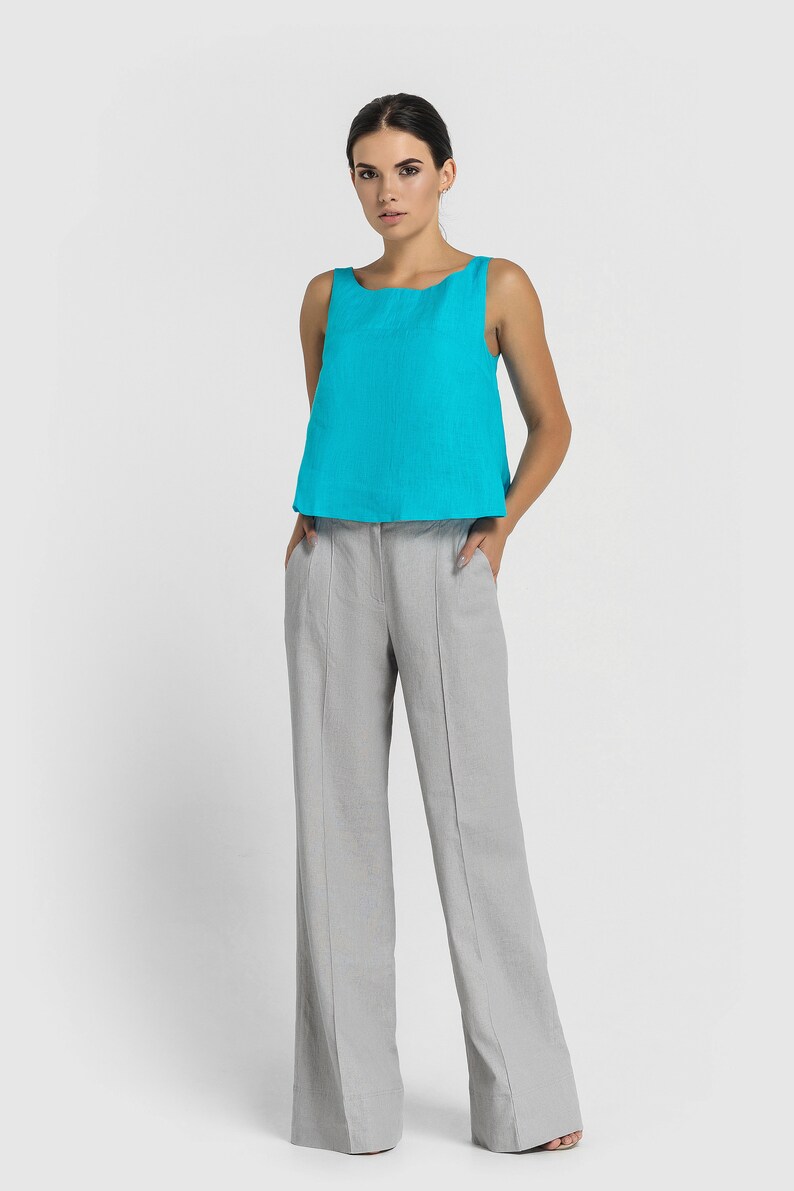 LAST SIZE 02 us (36 eu) Linen Wide leg Palazzo Pants Women, High Waist Hippie Summer Gray Womens Trousers, Boho high waisted pants TAVROVSKA image 4