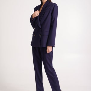 Navy pant suit women, Black dressy pant suit 3 piece set, Double-breasted Blazer and straight pants, Oversize jacket and pants