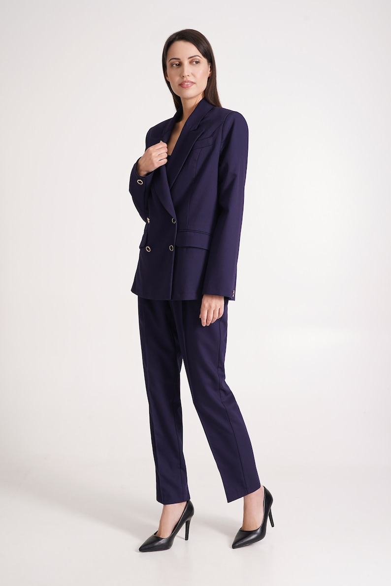 Navy pant suit women, Black dressy pant suit 3 piece set, Double-breasted Blazer and straight pants, Oversize jacket and pants