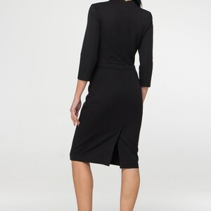 Black midi dress, Work dresses for women, Modest cocktail wedding guest dress, Modern office dress, Business professional dress