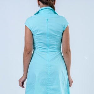 Stand-up collar shirt dress for women, Turquoise Blue pleated mini dress, Casual summer dress, Casual day dress Smart casual dress