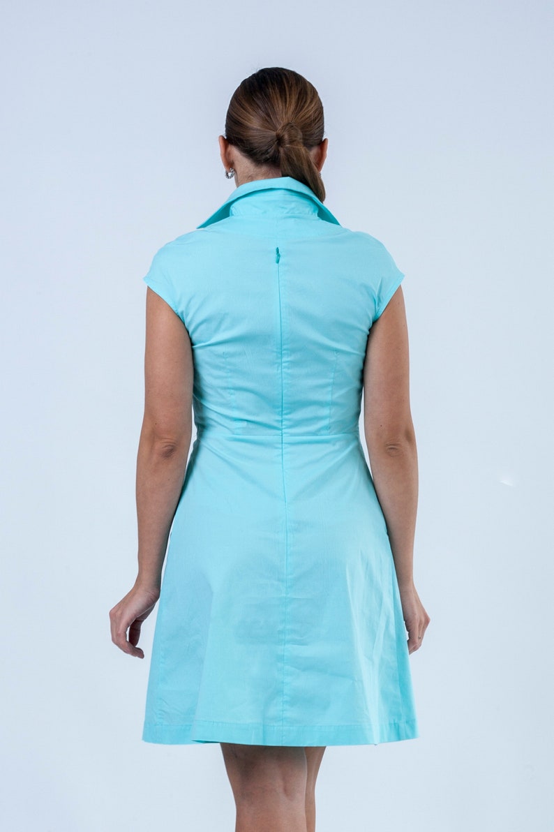 Stand-up collar shirt dress for women, Turquoise Blue pleated mini dress, Casual summer dress, Casual day dress Smart casual dress