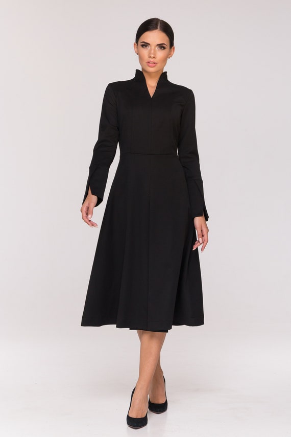 Cocktail Long Sleeve Black Women's Dress, Fit and Flare High Neck