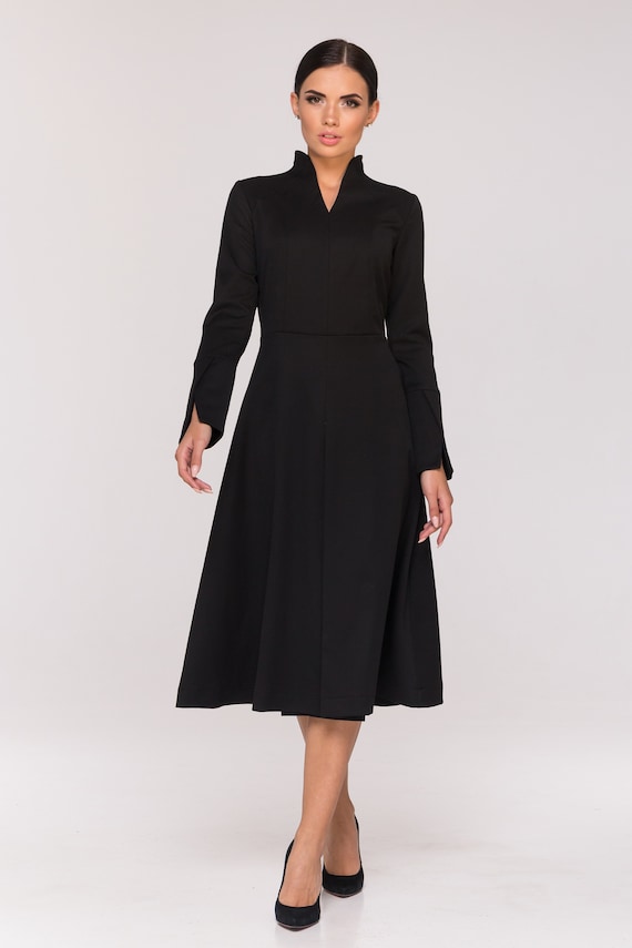 Cocktail long sleeve black women s dress Fit and flare high neck work dress fall Stand collar dresses for women Structured dress TAVROVSKA