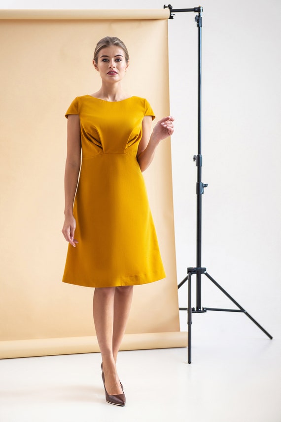 yellow a line dress for women Light Yellow A-line One Shoulder Lace-Up Pleated Ruffle High-Low Prom Dress Yellow / 12 main image 1