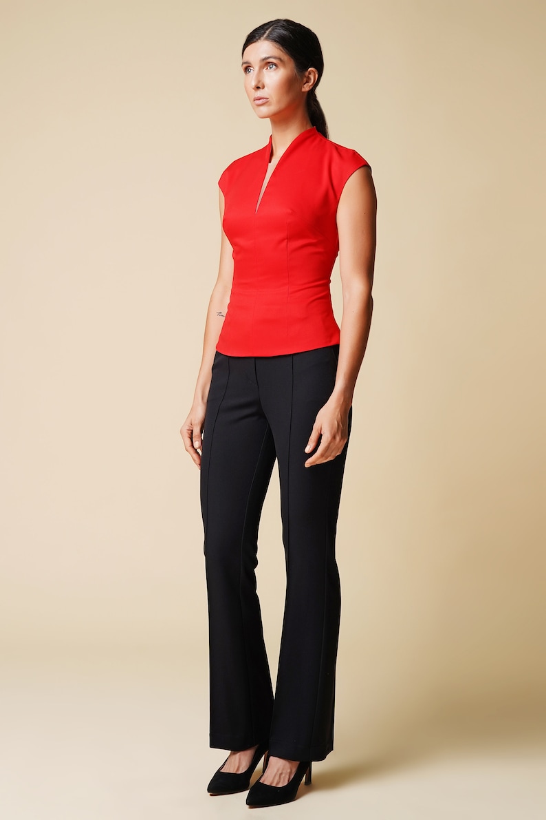 High neck cap sleeve red blouse women, V neckline short sleeve tops for women, Fitted office blouses,  Cap sleeve shirt, Workwear