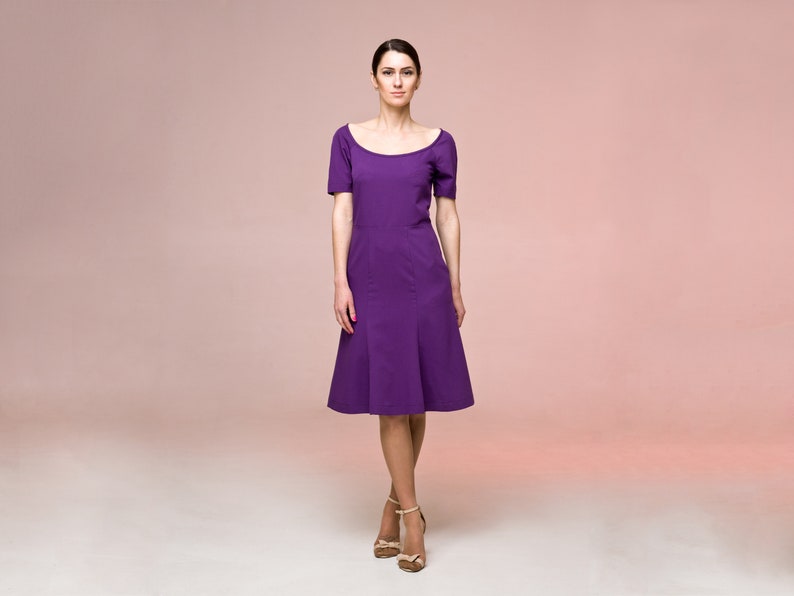 purple midi bridesmaid dresses