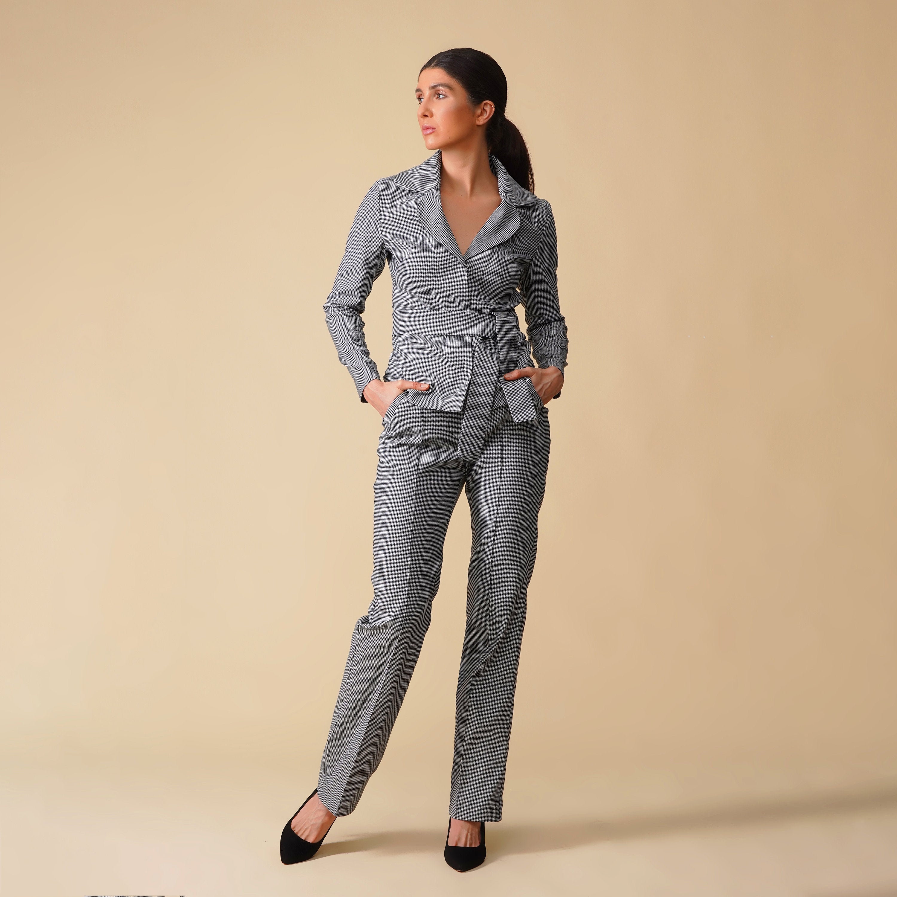 Jersey Womens Pant Suit Gray Houndstooth Casual Pant Suit Etsy
