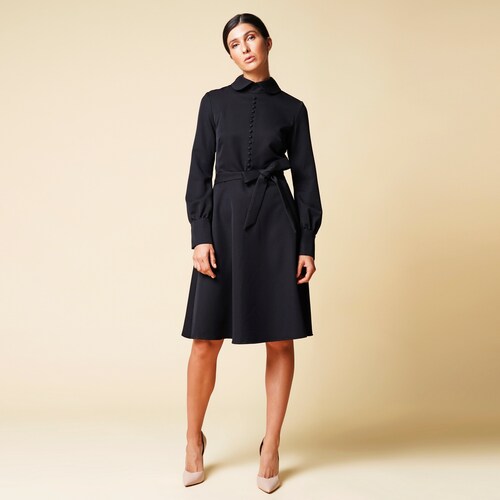 Black Fit and Flare Collared Dress, Button Front Midi Sophisticated dress Workwear dress Corporate attire Smart casual dress long sleeve
