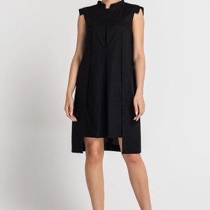 Black Linen Shift Dress summer, Mandarin Collar, Sleeveless Mini Dress image 3