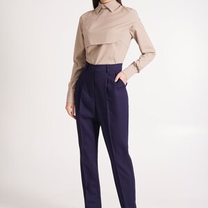 Beige High Neck Blouses For Women, Elegant Blouse Long Sleeve, Collared Blouse For Work, Cape blouse office Modern business attire