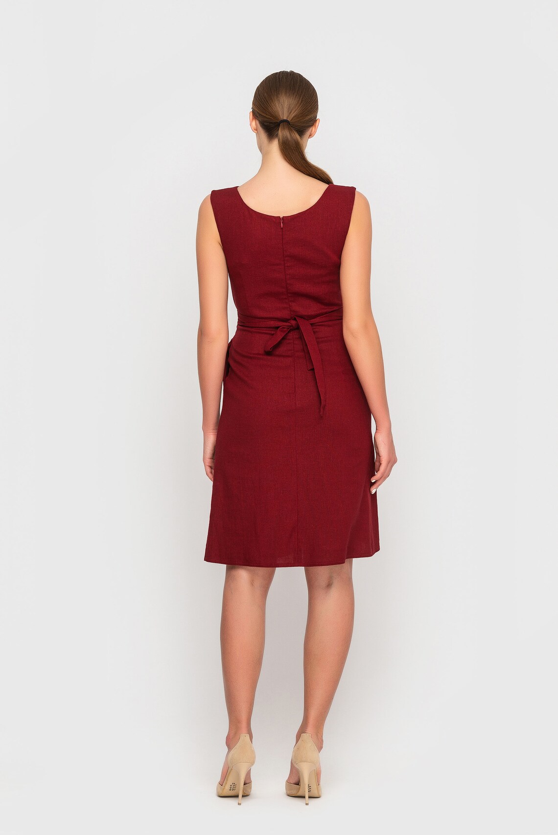 Linen Belt Slit Dress in Red
