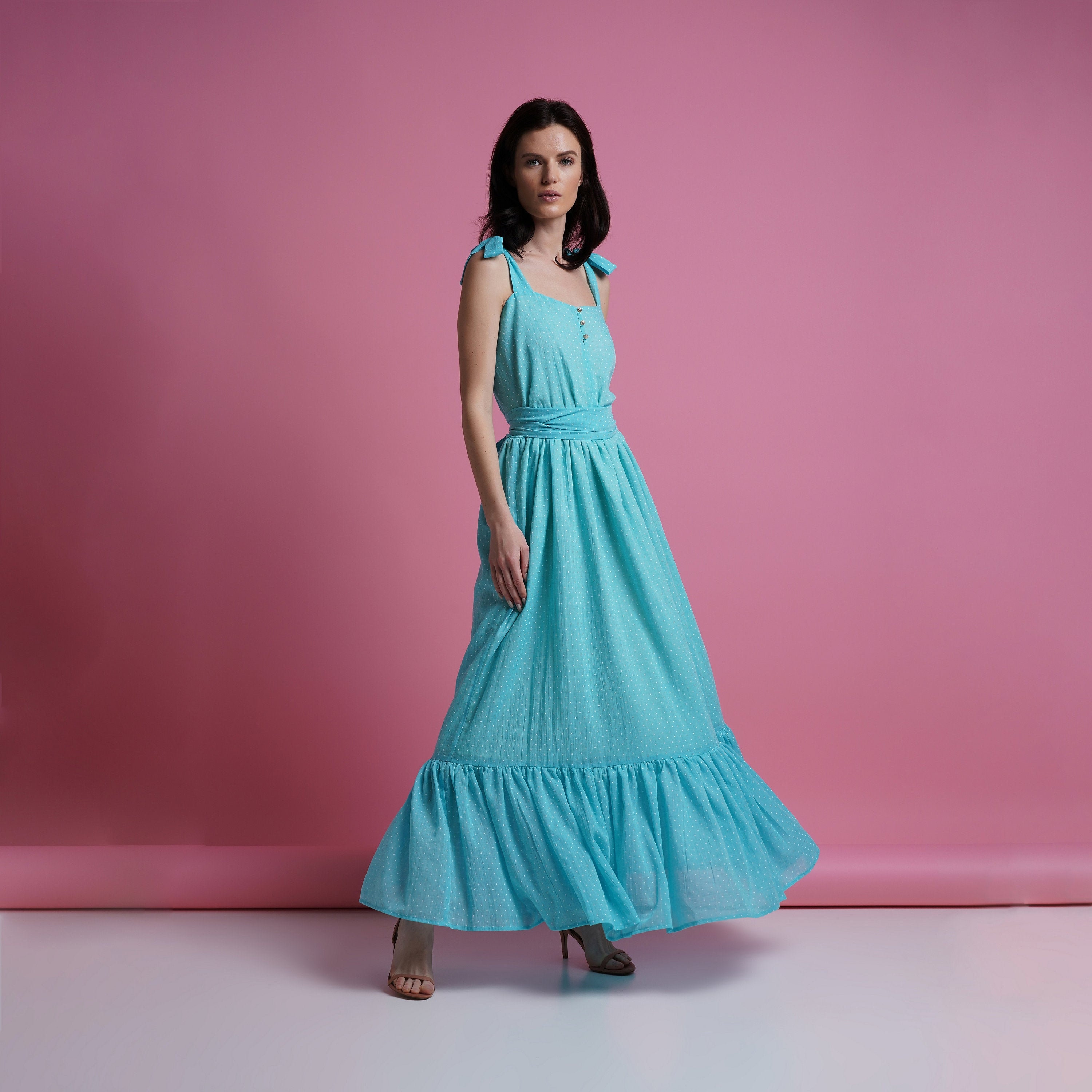 cyan maxi dress Cyan Blue Maxi Dress Summer Cotton Polka Dot Sundress Shoulder Tie flowy attire Maxi woman Belted sleeveless