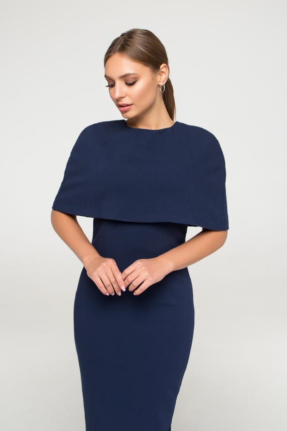 Elegant Cocktail Dress with Cape, Chic Wedding Guest Attire Women, Formal Dress Black Tie Midi, Flattering Celebrity Dress Classic TAVROVSKA