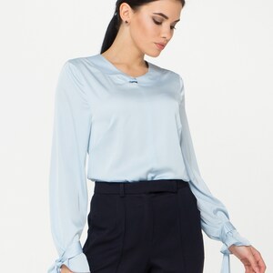 LAST SIZE 02 Us (36 Eu) Long sleeve Satin womens blouse, Blue Silk satin womens tops blouses, Scoop neck secretary blouse TAVROVSKA image 4