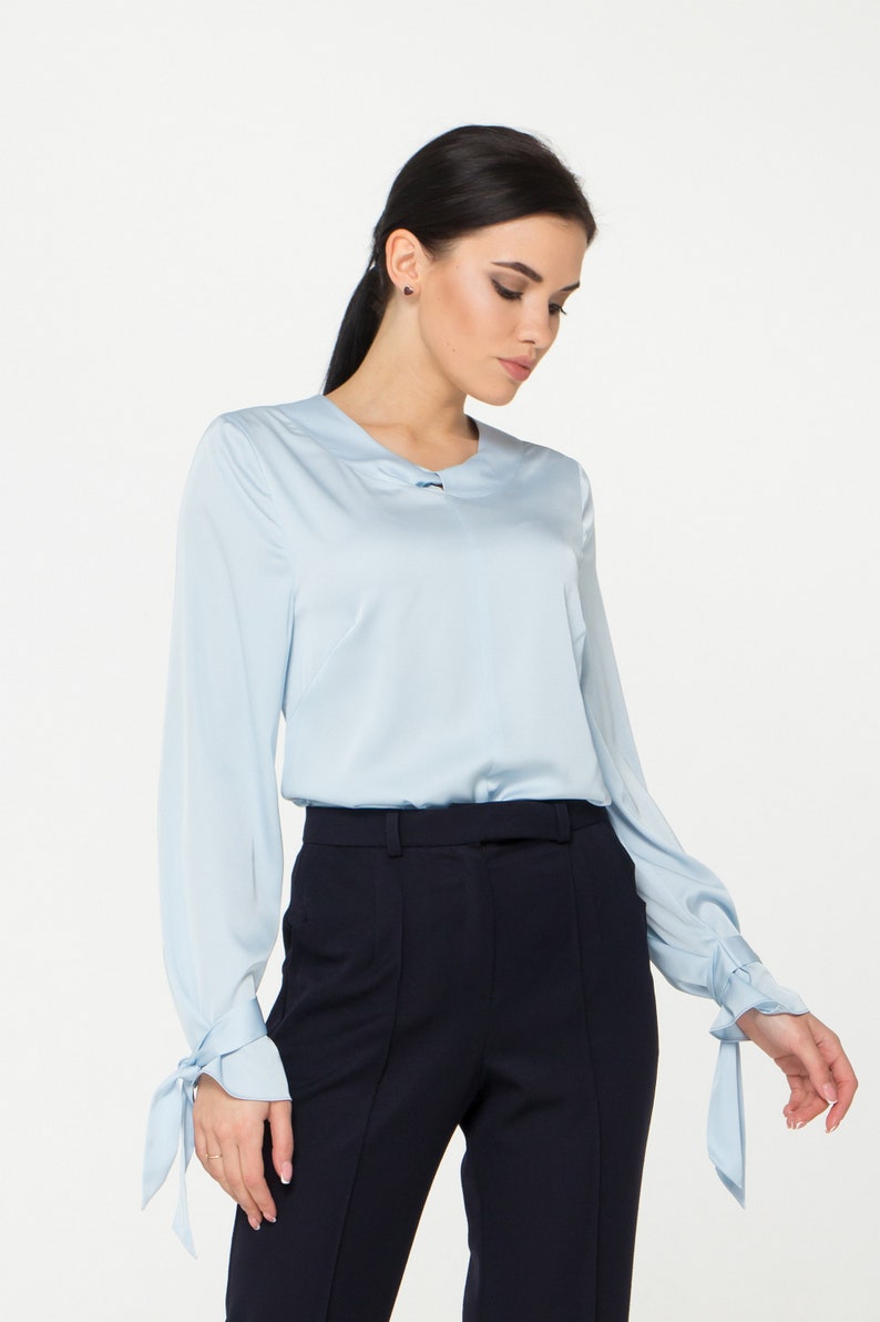 LAST SIZE 02 Us (36 Eu) Long sleeve Satin womens blouse, Blue Silk satin womens tops blouses, Scoop neck secretary blouse TAVROVSKA image 4