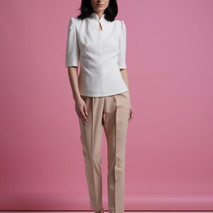 Mandarin collar blouse women, Qipao high neck blouse, Keyhole office shirt women, Fitted retro blouses, White elegant blouse