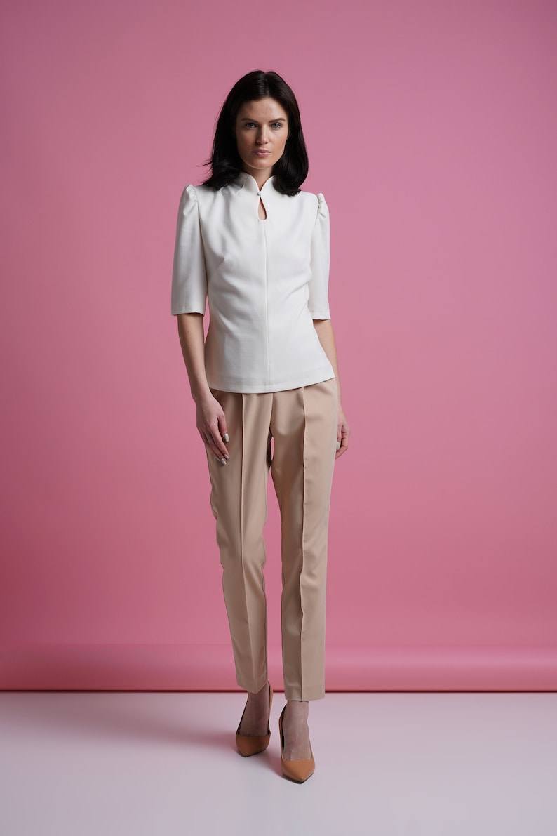 Mandarin collar blouse women, Qipao high neck blouse, Keyhole office shirt women, Fitted retro blouses, White elegant blouse