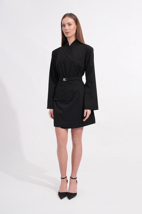 black kimono mini dress with Detachable Pocket-Belt Color:BSD-BLASTED BLUE it features dramatically wide reprice-20260731 Women’s Long Opera Satin
