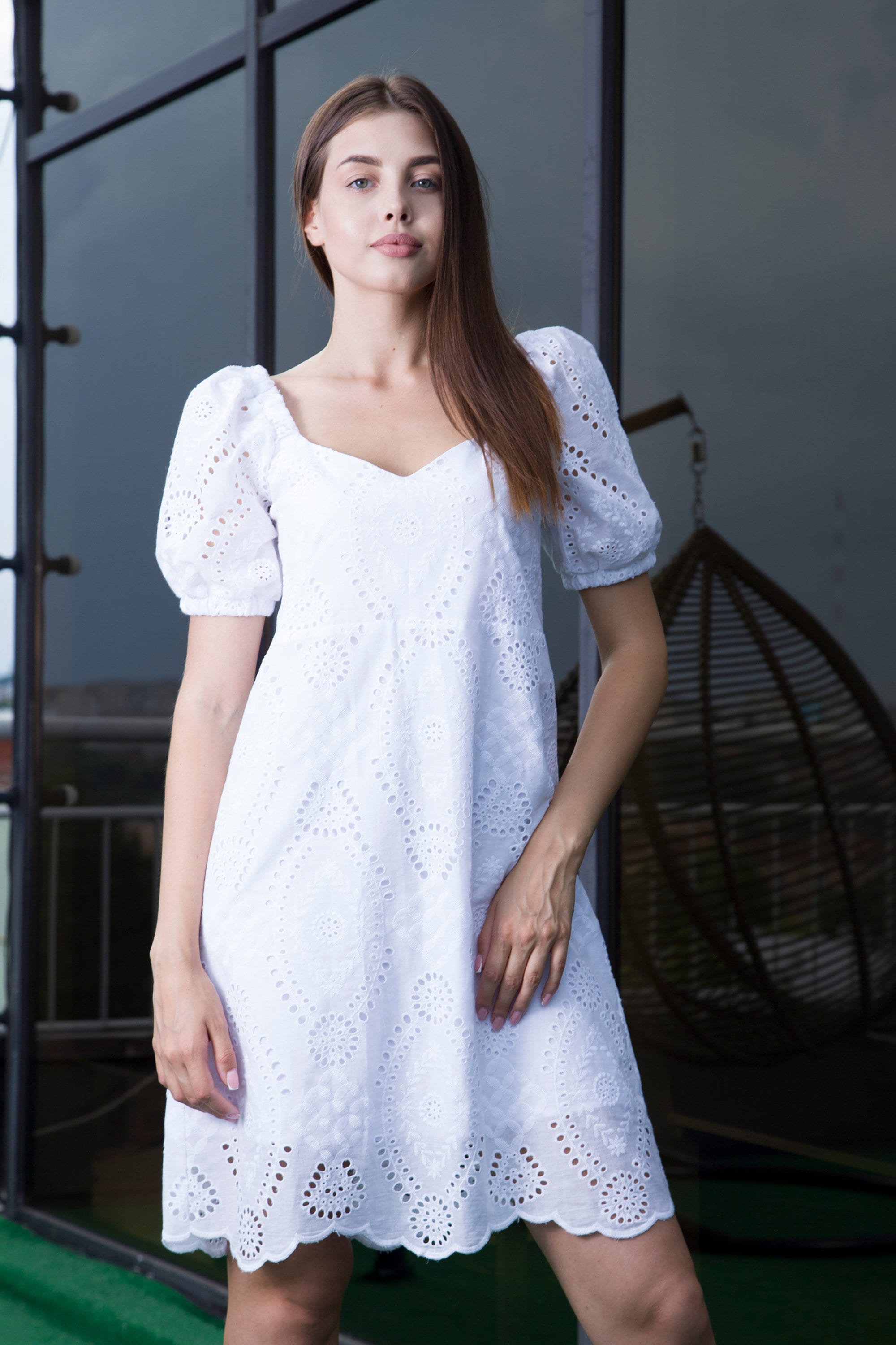 White Lace Embroidered Mini Dress, Puff Sleeve Scallop Dress