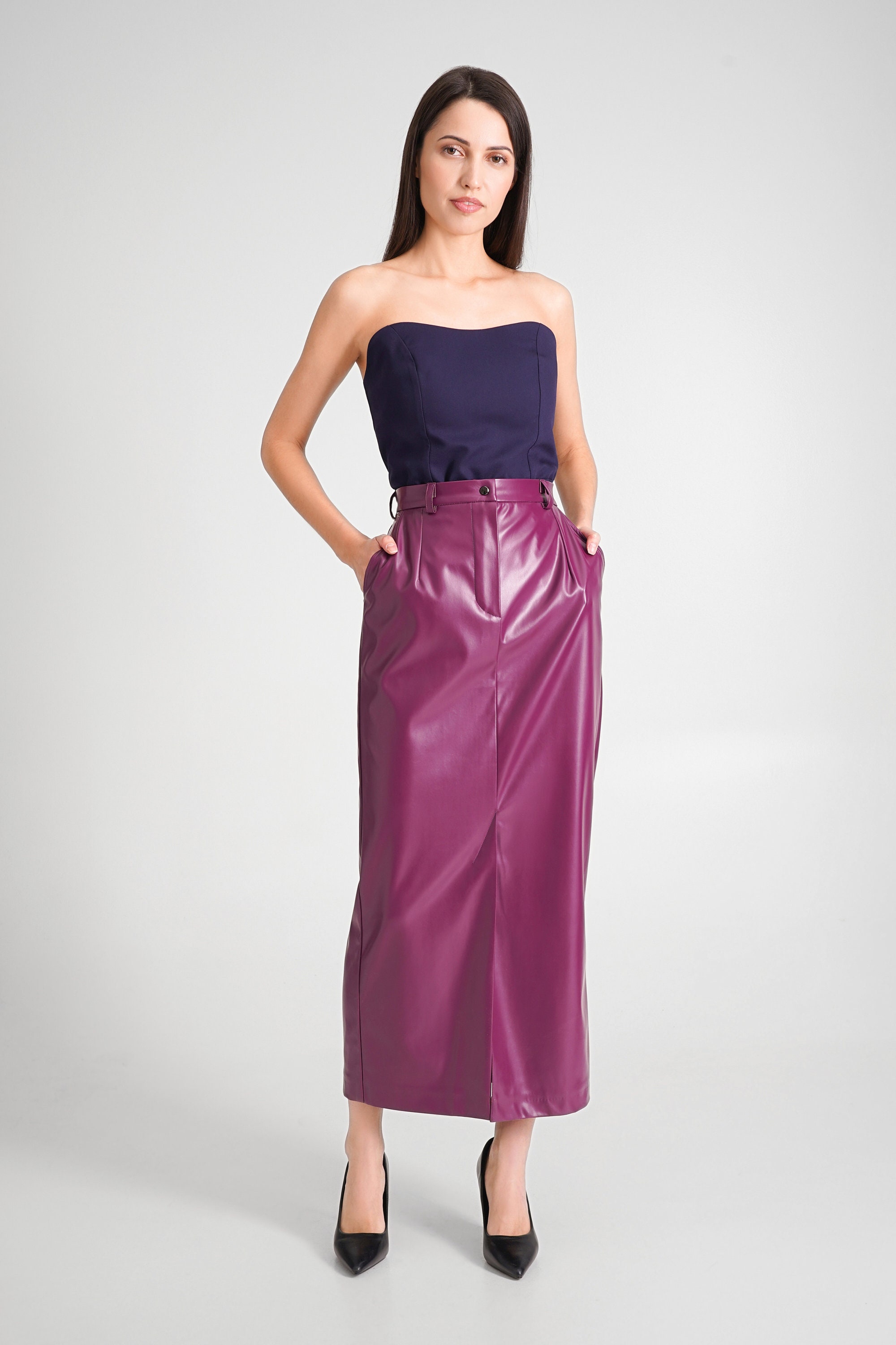 Faux Leather Maxi Skirt Plum, High Waist Pencil Skirt, Vegan