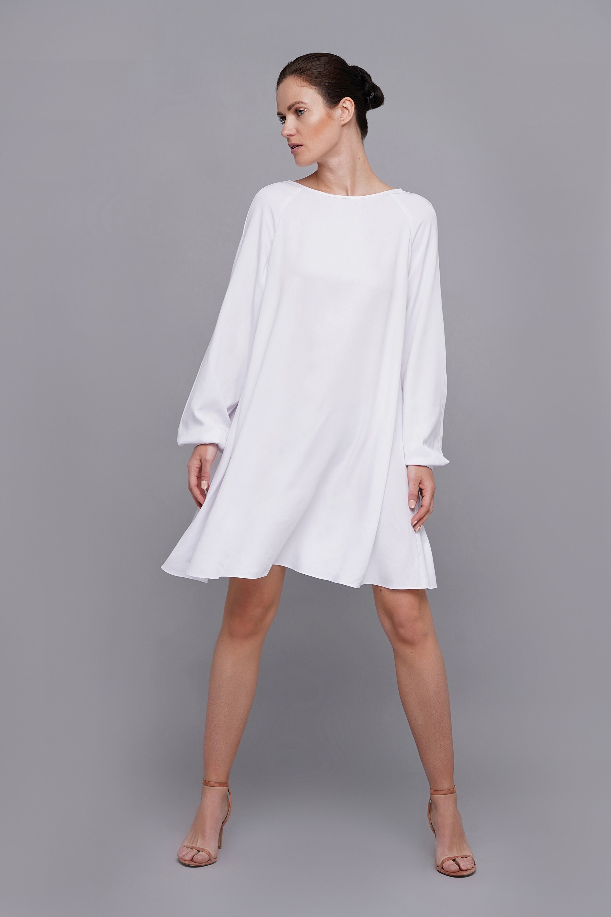 flowy long sleeve short white dress Lucy White Long Sleeve Mini Dress - US 12