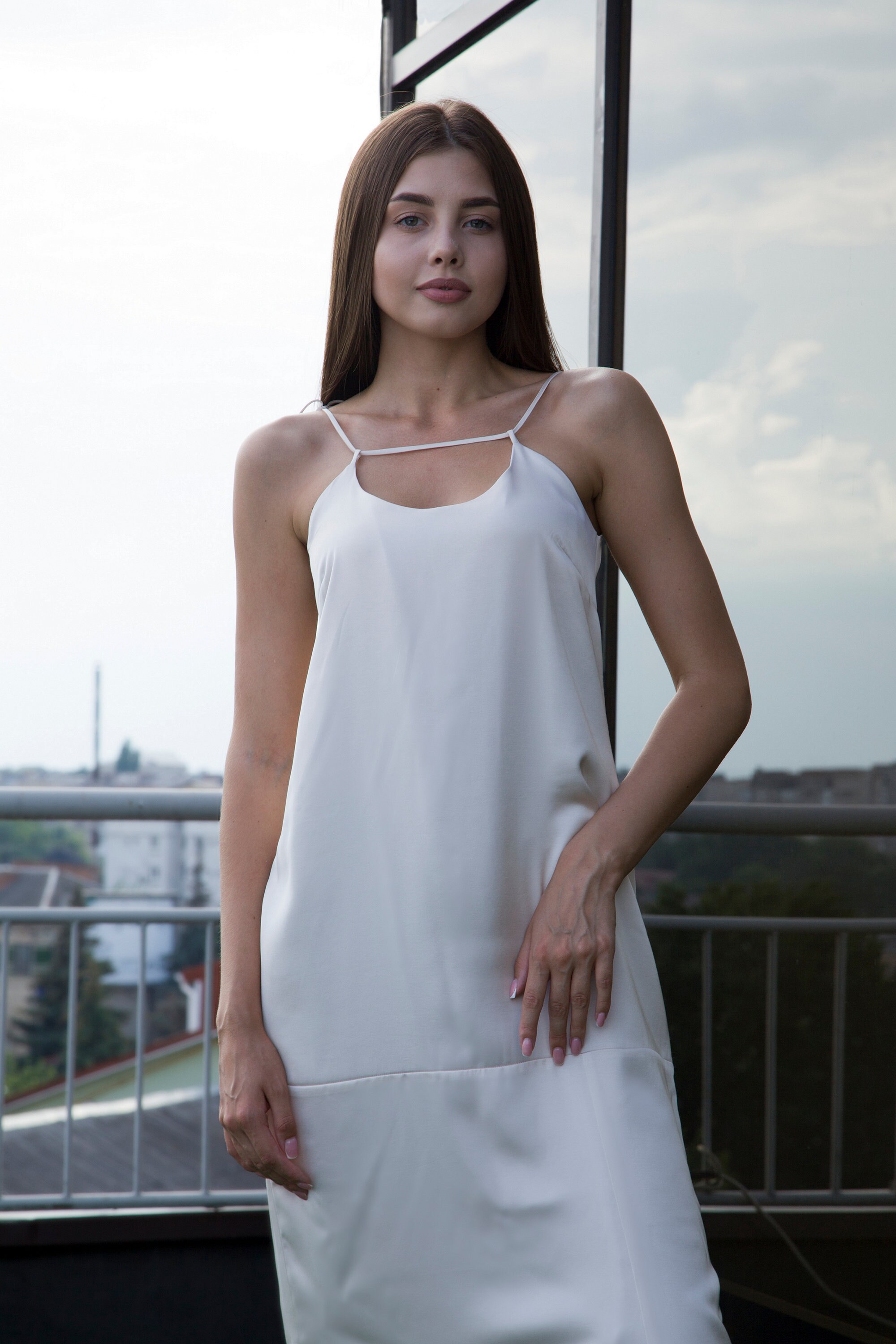 White Slip Wedding guest Dress, Spaghetti Strap Midi dress Silk satin cocktail dress off White Modest Evening dress mid calf TAVROVSKA