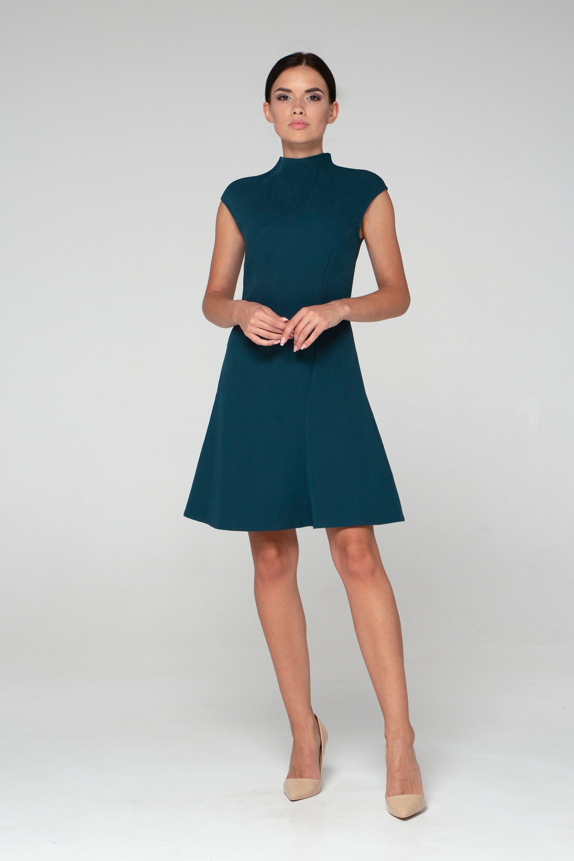 Green Mock Turtleneck A-Line Dress, Modern Office Wear Green Mock Turtleneck A-Line Dress, Modern Office Wear