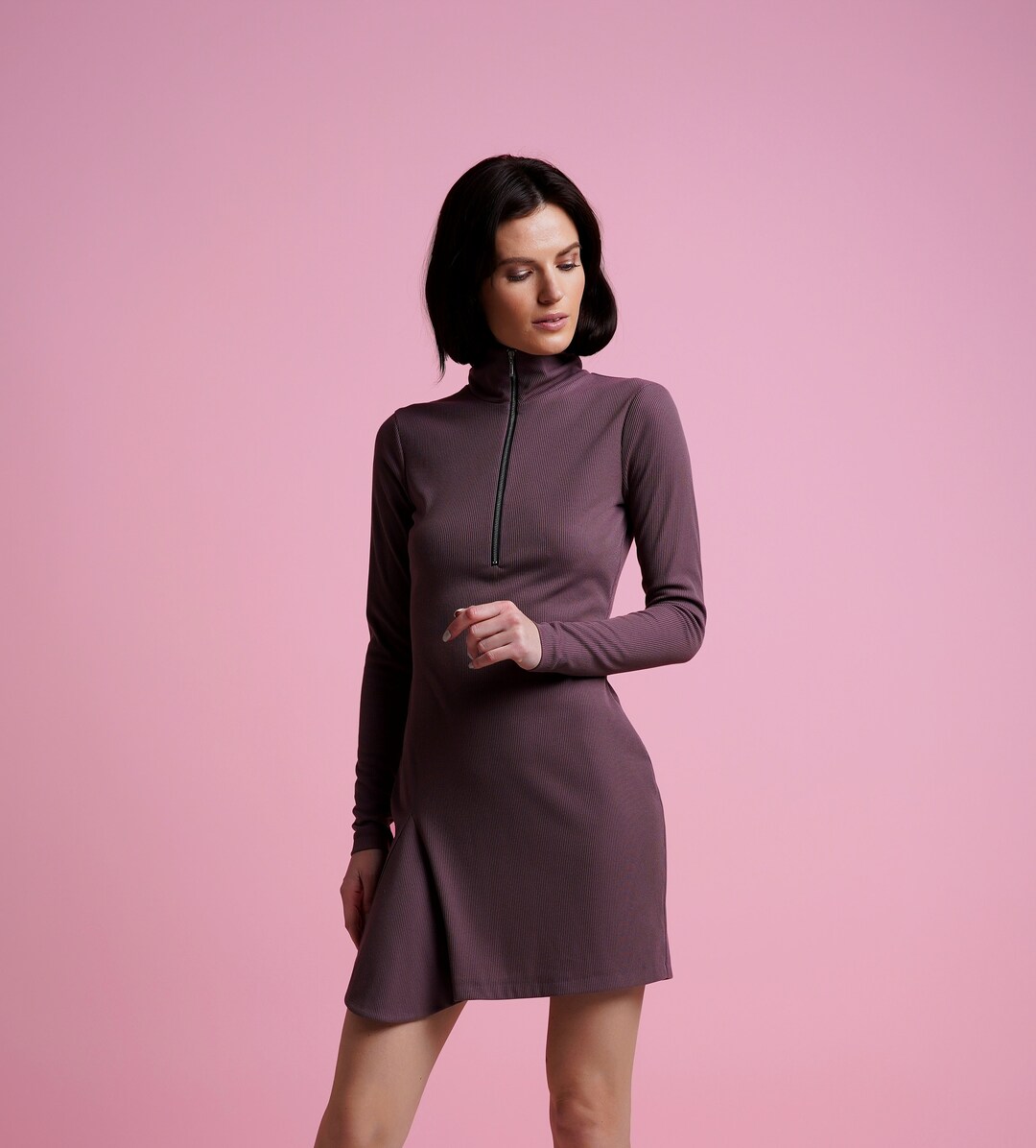 Life Work ★Women's Venturi Collar Half Zip-Up Dress Purple High Neck Dress Long Sleeve Zip up Dress, Stand