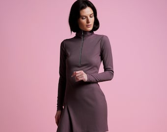 Zip up dress long sleeve, High neck collar dresses for women Ribbed knit dress Asymmetrical purple dress, Casual berry color dress TAVROVSKA