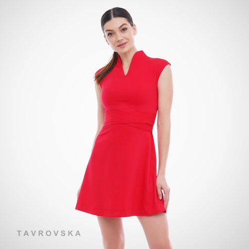 Red dress women, Cocktail mini dress, High v neck dresses for women, A line Wedding guest dress, Occasion dress, Casual office TAVROVSKA