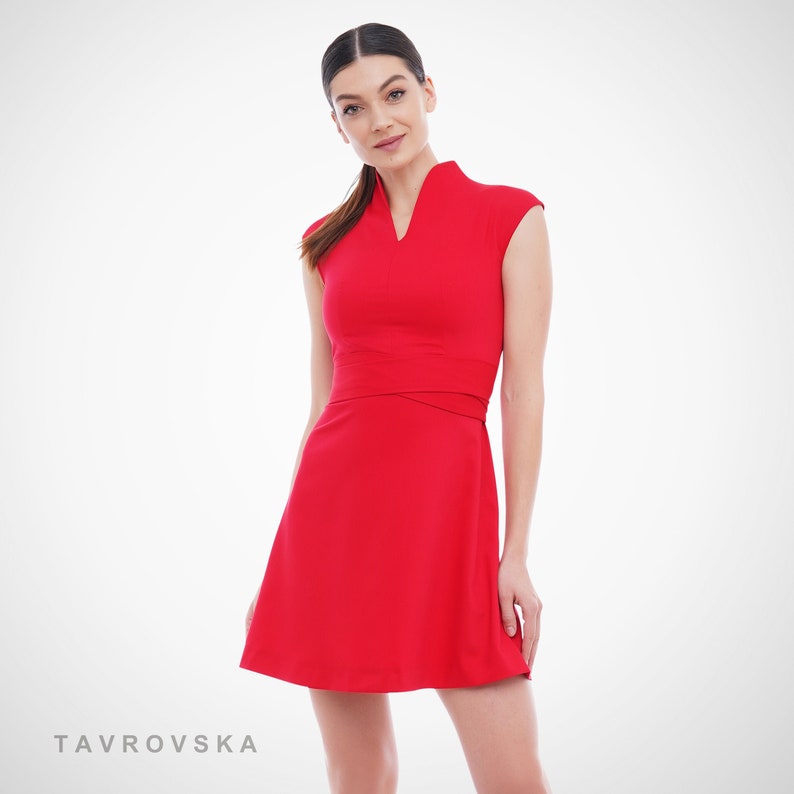 Cocktail mini dress, High v neck dresses for women, Red a line Wedding guest dress, Cap sleeve dress, Belted spring dress TAVROVSKA 