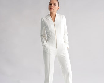 Witte bruiloft jumpsuit Formele dames jumpsuit Onepiece voor bruiloftsreceptie Avondoveralls Fancy zip jumpsuit Elopement jumpsuit TAVROVSKA