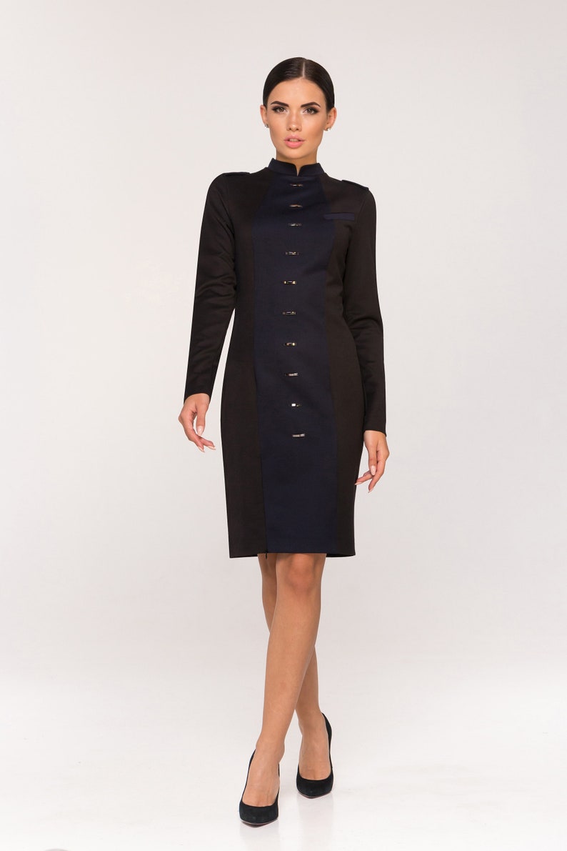 Black High Neck Military Dress Midi Cheongsam Stand Collar Etsy