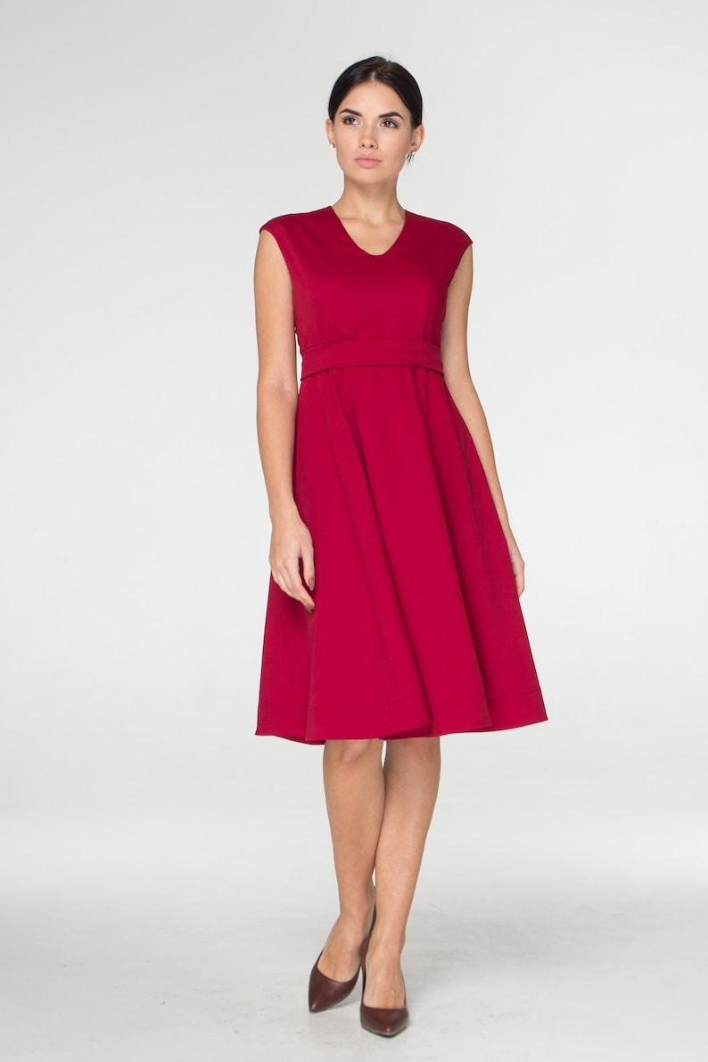 Red Midi Wedding Guest Dress Fit and Flare Dresses for