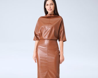 Brown vegan leather dress blouson, Kimono dress fitted, Funnel neck bodycon faux leather dress midi,  Spring dresses for women TAVROVSKA