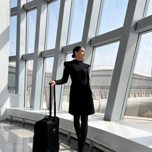 Extravagant black dress long sleeve, Cocktail women's dress fall, High neck work dress, Stand collar  for women, Structured dress