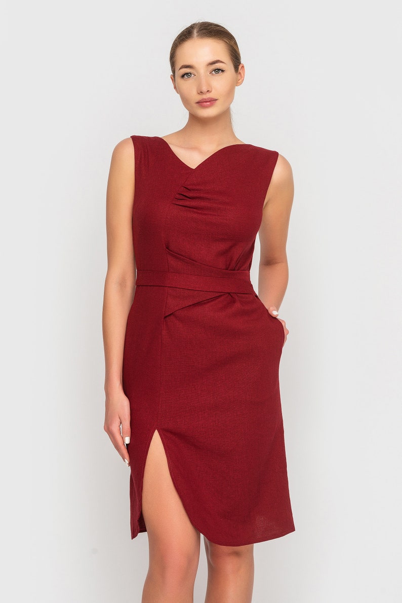 Red Summer Linen Dress for Women Asymmetrical Slit Dress With Etsy