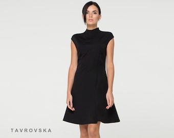 Asymmetrical high neck mini dress, Cocktail Dresses for women's, Black Cheongsam Chinese Stand collar Asian A-line Dress TAVROVSKA