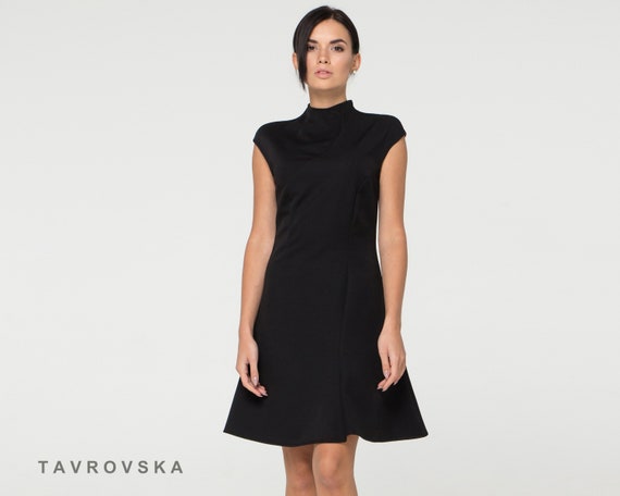 Black summer work Dress Minimalist Mandarin Collar office Business Asymmetrical High Neck Mini Dress Simple semi formal Cocktail attire