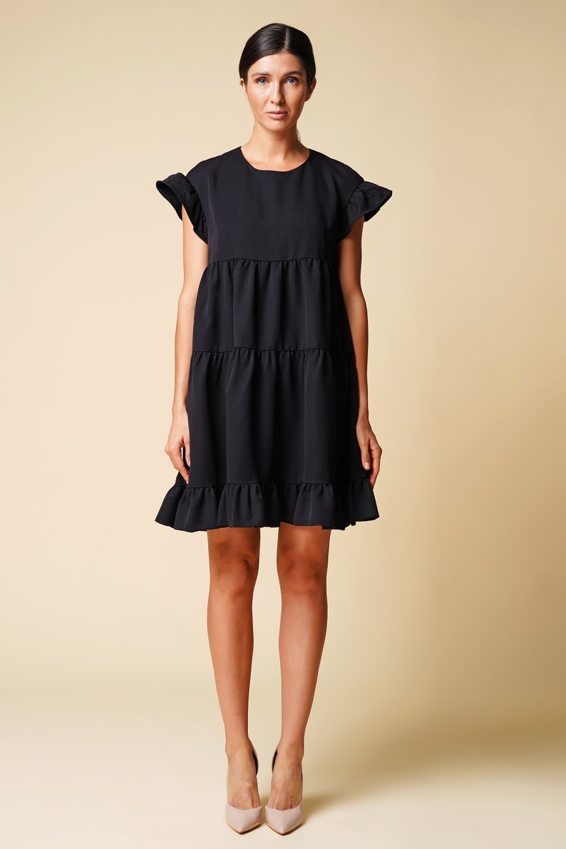 Ruffled loose dressed for women Simple wedding guest dress Black frilly dress Cocktail mini dress women Minimalist dress TAVROVSKA