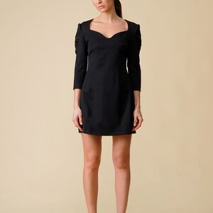 Black cocktail dress women with sweetheart neckline and puffy sleeve, Mini wedding guest dress fall, Occasion dresses for women