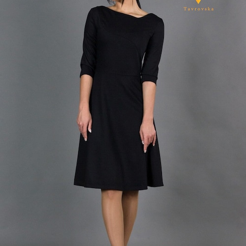 Asymmetrical Black Midi Dress, Fit and Flare, Cocktail Work Dress