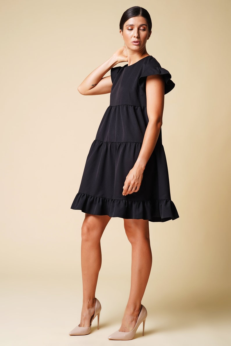 Ruffled loose dressed for women Simple wedding guest dress Black frilly dress Cocktail mini dress women Minimalist dress TAVROVSKA