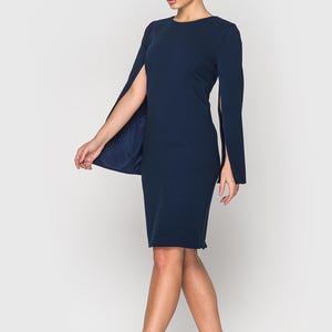 Elegant Navy Blue Cape Sleeve Dress, Midi Cocktail Dress for Women, Sheath Formal attire, Chic Evening Dress, Wedding guest outfit