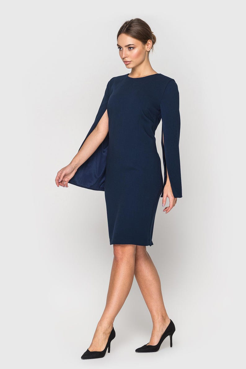 Elegant Navy Blue Cape Sleeve Dress, Midi Cocktail Dress for Women, Sheath Formal attire, Chic Evening Dress, Wedding guest outfit