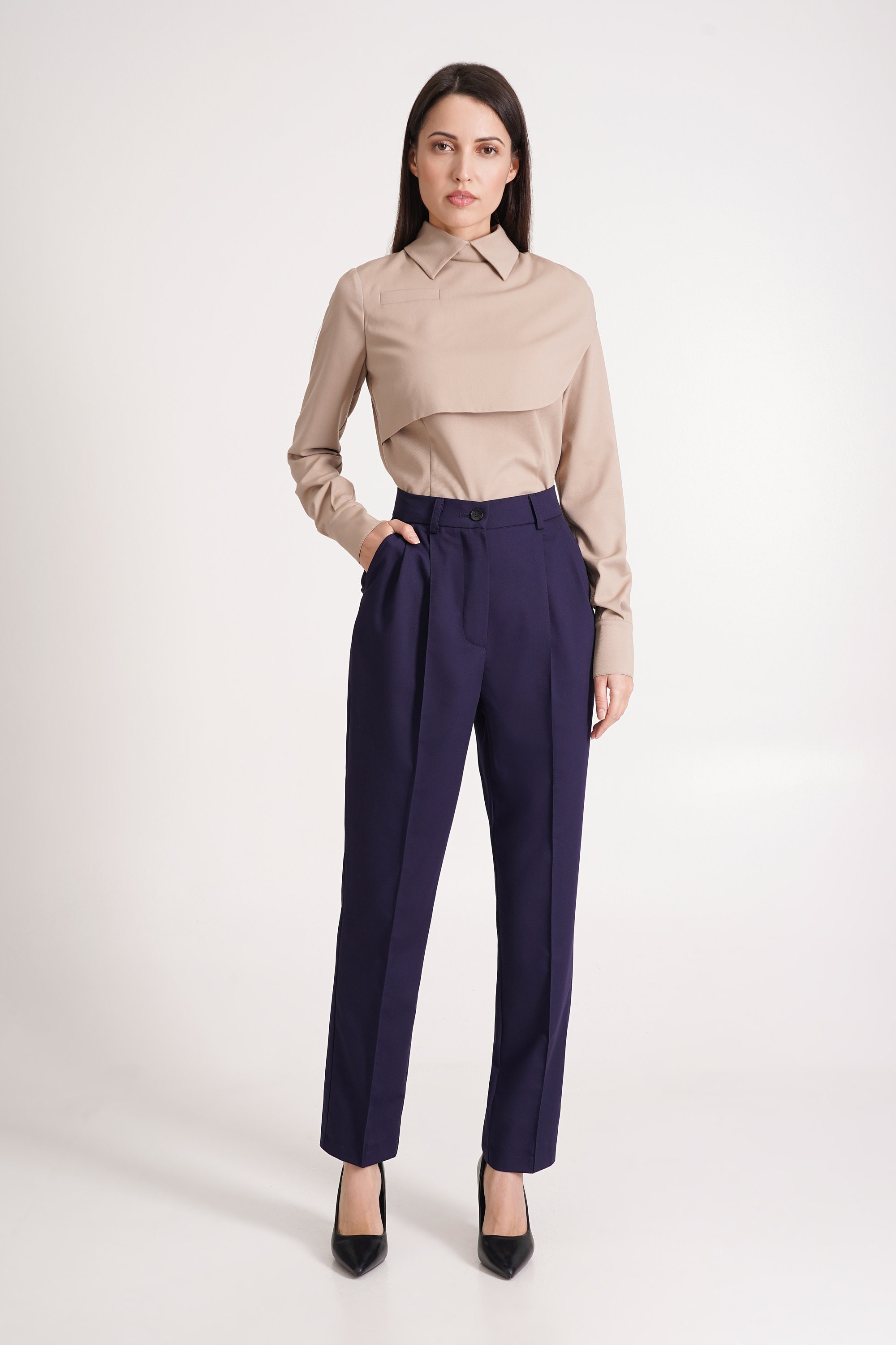 dress cigarette pants Navy Cigarette Pants, High Waist Tapered Dress Pants