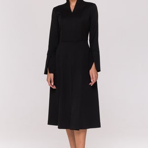 Cocktail long sleeve black women's dress, Fit and flare high neck work dress Stand collar black dresses for women Structured dress TAVROVSKA image 3